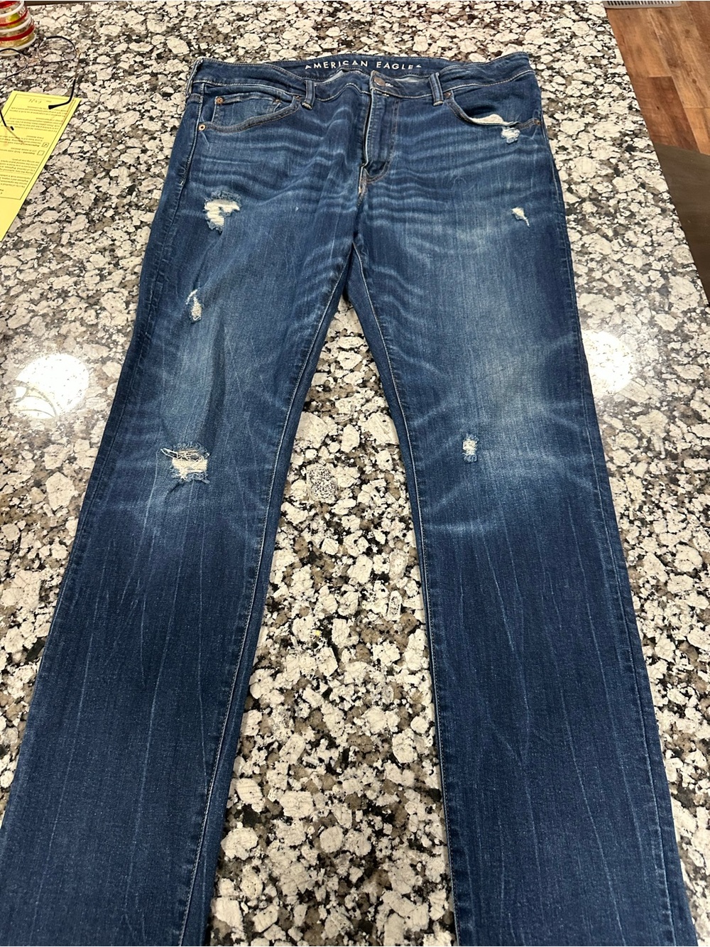 American Eagle Outfitters Men's Distressed Straight Jeans - Blue Wash 38x36